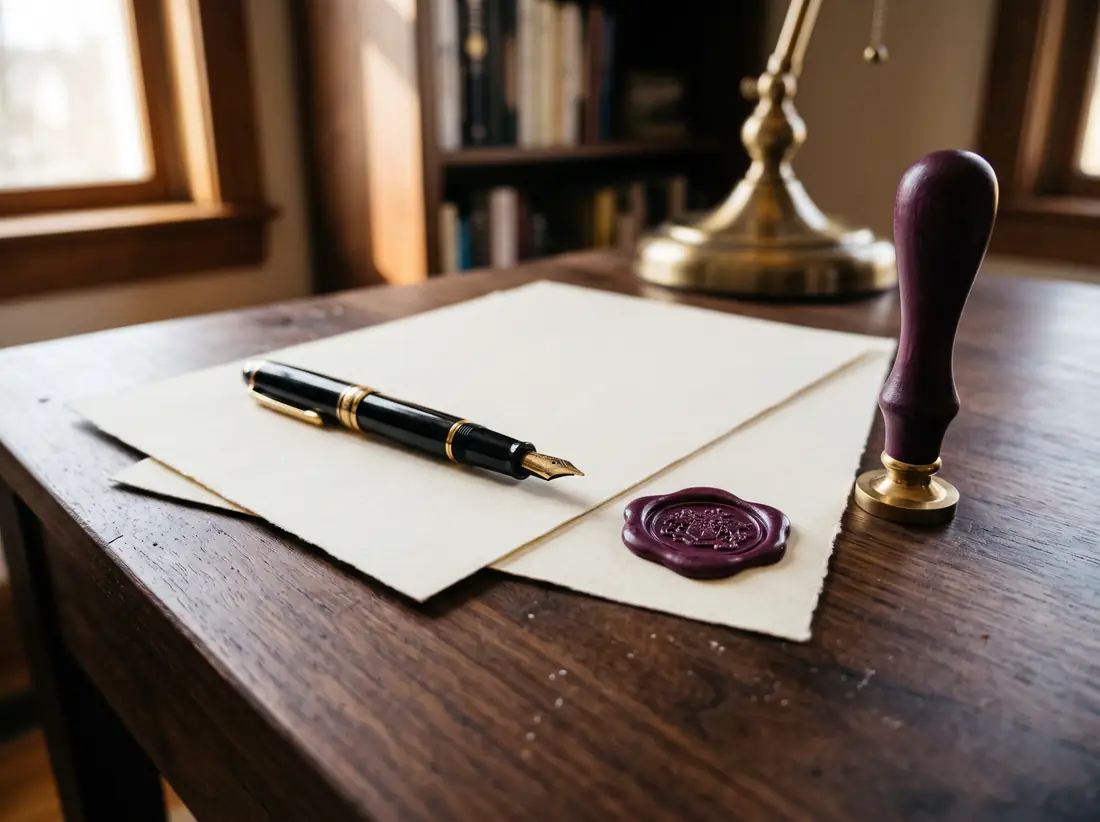 Blank cream paper with a fountain pen, a plum wax seal and a seal stamp on a walnut desk