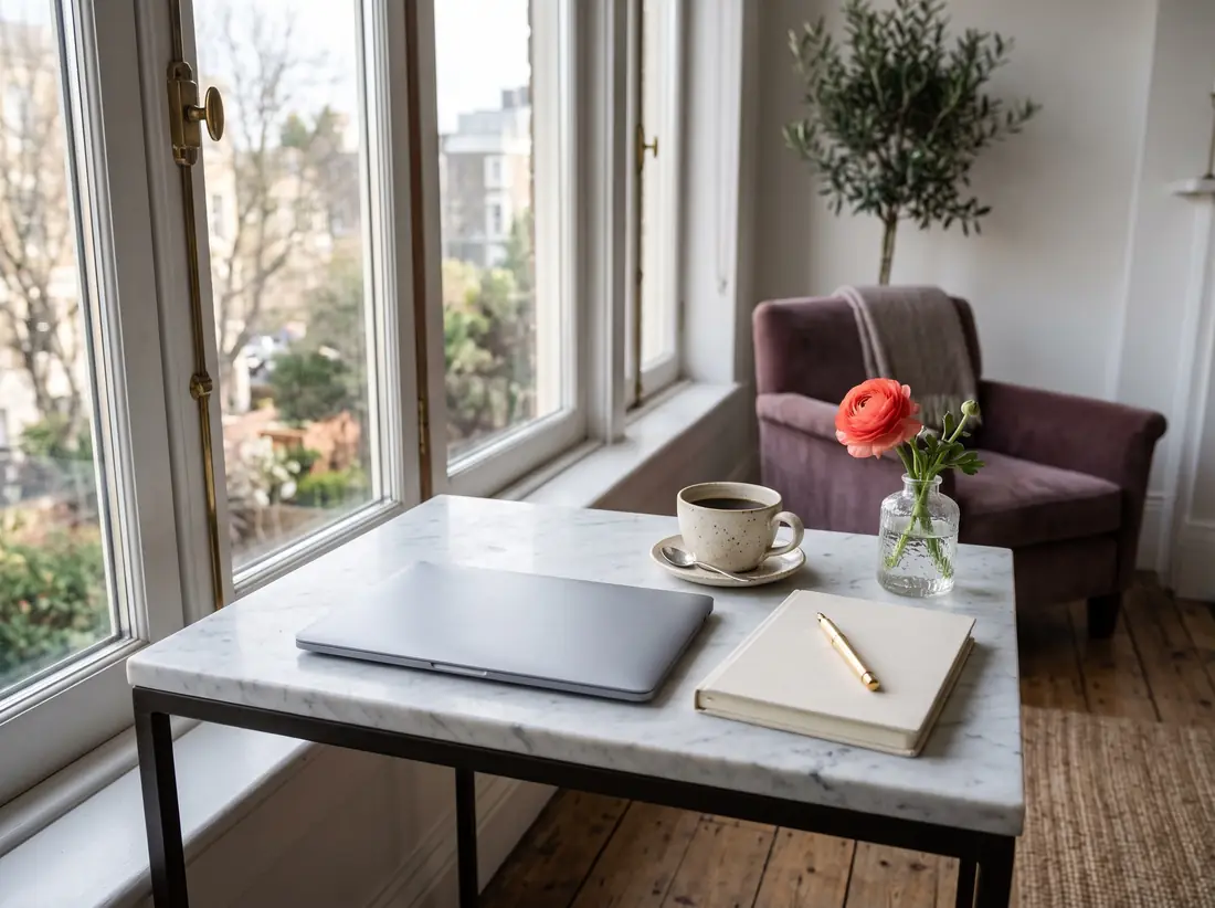 A marble desk by a window with a closed laptop, a coffee cup, a notebook with a gold pen and a coral flower