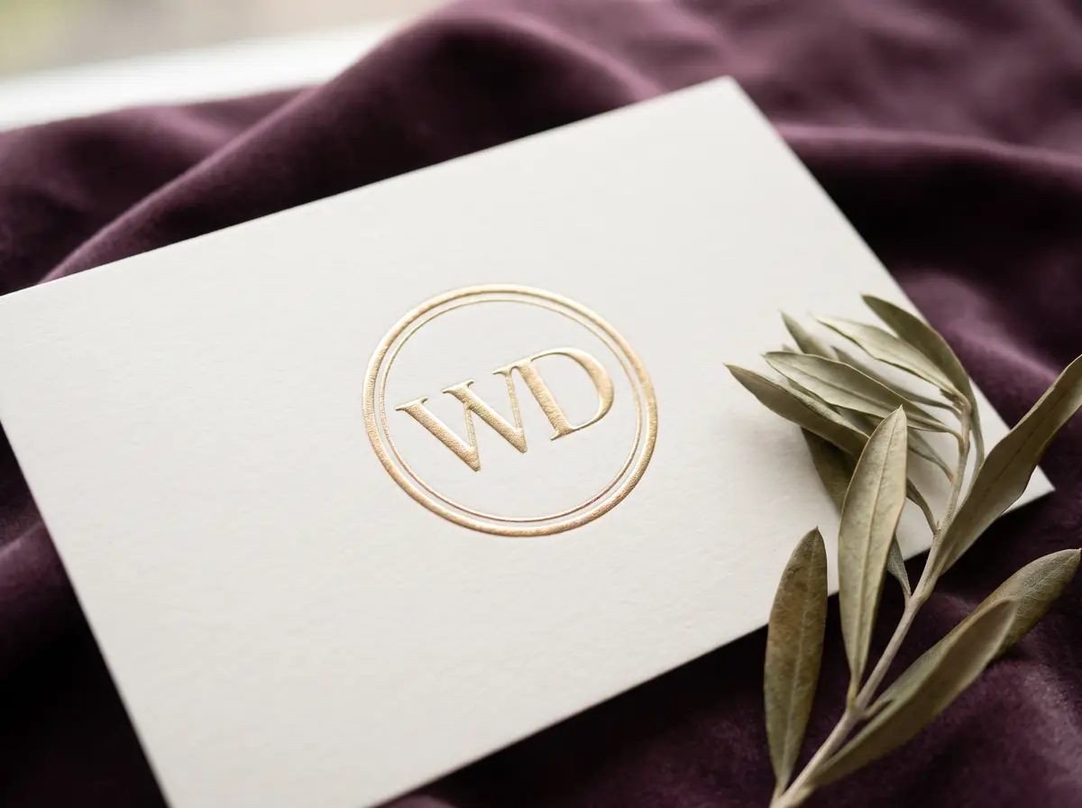An ivory card with a gold-foil WD monogram in a gold seal ring on plum velvet, beside a dried olive sprig